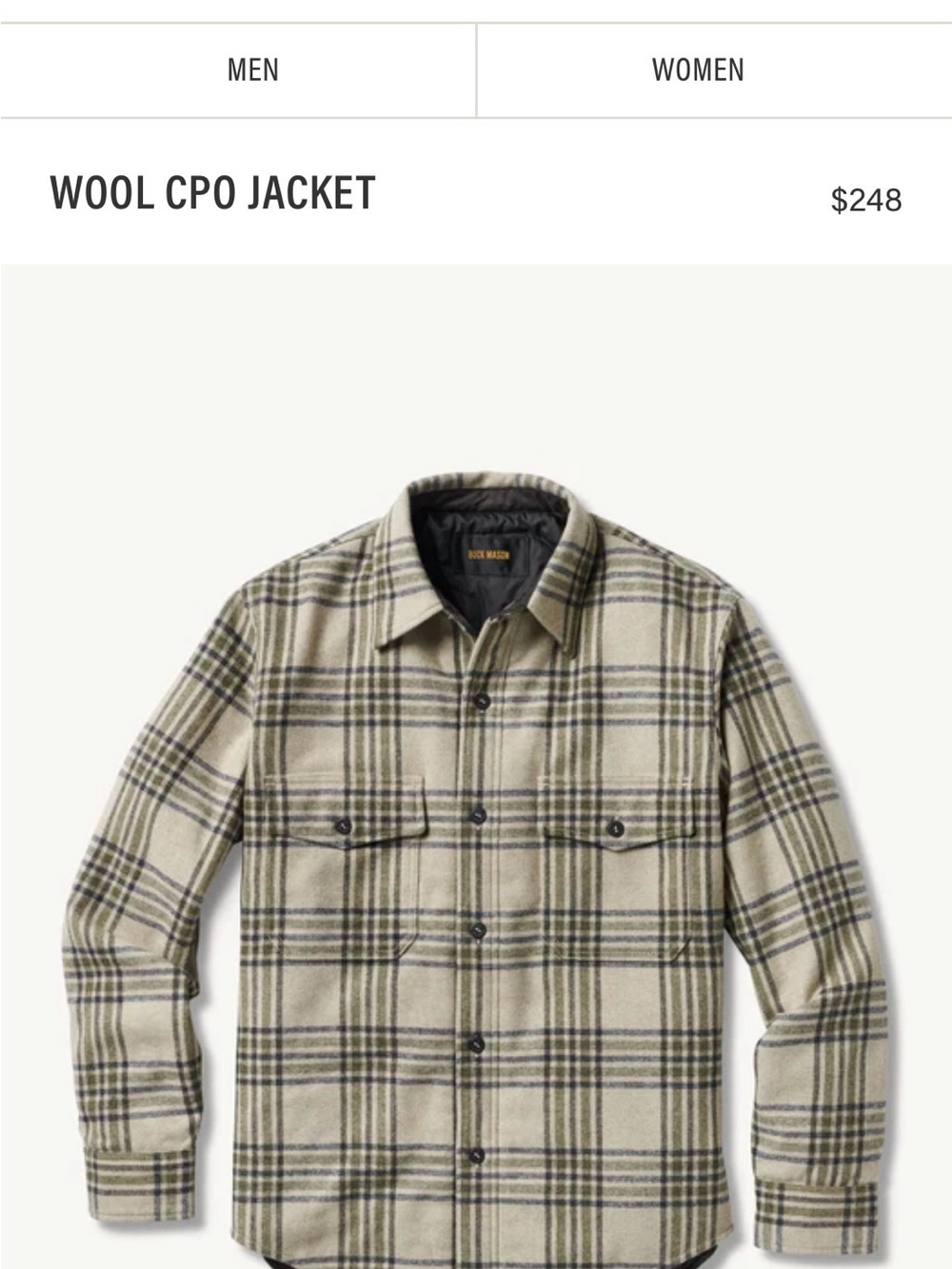 Buck Mason Wool CPO Plaid Jacket - Beige/Olive - L